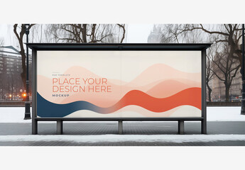 City Street Billboard Mockup Template: Stunning Winter Scene with Snow-Covered Sidewalk, Leafless Trees, and Pictorially Perfect People and Cars
