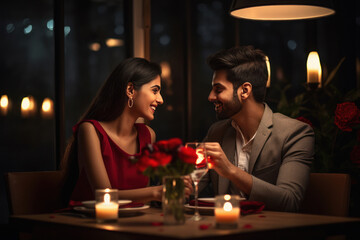 Young indian couple enjoys romantic dinner at restaurant - obrazy, fototapety, plakaty