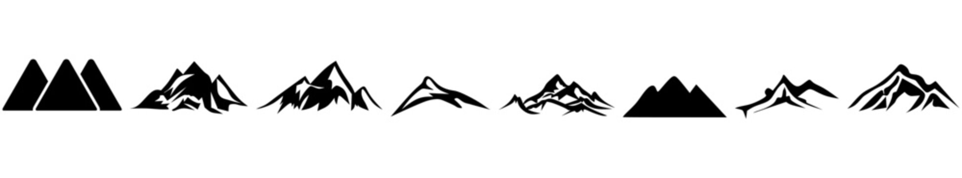 Black mountain icon collection. Set of black mountain logo. Adventure, camping, hiking logo collection.