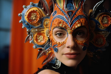 Exuberant Cultural Celebration: Young Woman Enhances Festivity in Carnival Mask, Exuding Vibrancy and Elegance