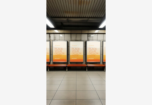 Subway Station Bench Mockup: Empty Benches, White Boards, and Light Fixture Wall in City Street Billboard Template City Street Billboard Mockup Templ