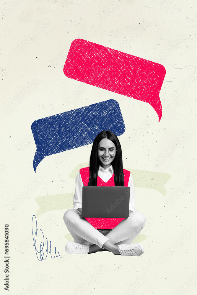 Poster picture image drawing collage of lady manager using modern technology for distance communication wit
