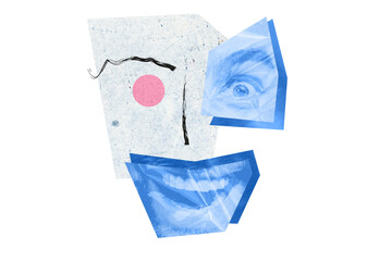 Collage creative poster blue retro filter face crazy mask funny eye mouth colorful element...