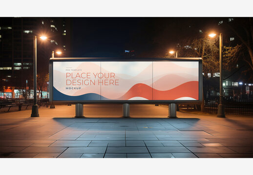 City Street Billboard Mockup Template - Night Time Billboard with Lights, Street Light, Sidewalk, and Benches