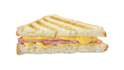 Tasty sandwich with ham and melted cheese isolated on white