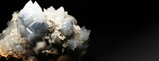Alstonite is a rare precious natural stone on a black background. AI generated. Header banner mockup with space.