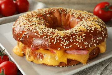 Delicious bagel with ham and cheese on table, closeup