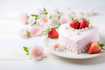 Obraz na płótnie Canvas Heart shaped pink cream cake with strawberry fruits and flowers. Valentine's Day cake