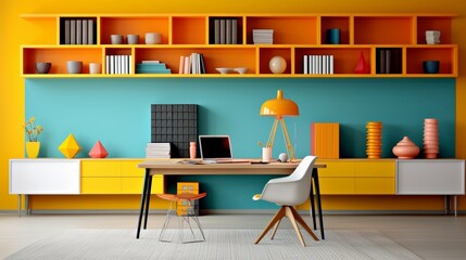 A vibrant home office with a mix of energetic colors, where the desk and shelving units create a balanced visual appeal
