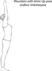 Sketch of young woman doing yoga Urdhva Vrikshasana. Mountain with Arms Up pose or Upward Tree pose. Isolated vector illustration.