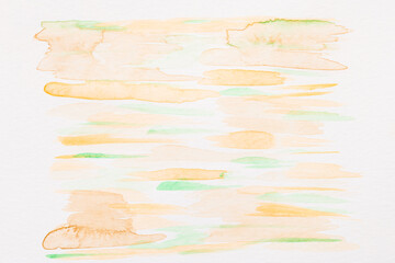 Abstract liquid art background. Multicolor watercolor translucent blots and brush strokes on white paper, yellow green splashes