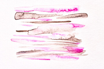 Abstract liquid art background. Multicolor watercolor translucent blots and brush strokes on white paper, pink brown splashes.