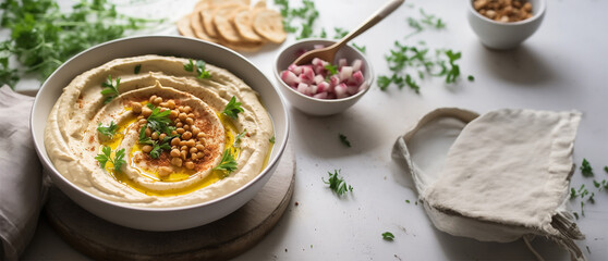Homemade creamy hummus in bowl on gray table background, top view - obrazy, fototapety, plakaty