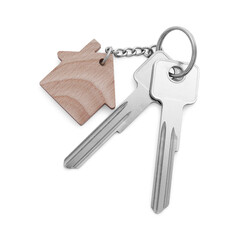 Keys with keychain in shape of house isolated on white, top view