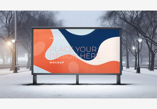 City Street Billboard Mockup Template: Snowy Park with Foggy Night Sky and Street Lights