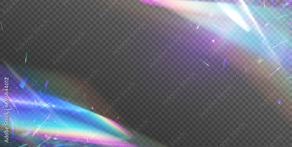 Poster prism vector, realistic light leak effect with spectral flare. ethereal lens rainbow light streak tr