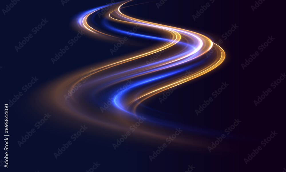 Poster abstract long exposure dynamic speed light trails background. car road silhouette with light and mot