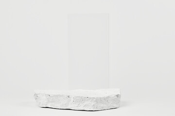 Flat stone pedestal, white template, banner background. Minimalism concept, empty podium display...