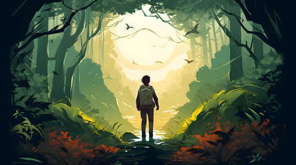 Young man adventures in the deep forest