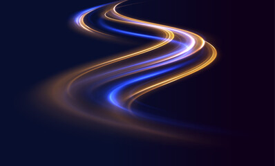 Abstract long exposure dynamic speed light trails background. Car road silhouette with light and motion effect. Sport car is made of polygons, lines and connected dots. 