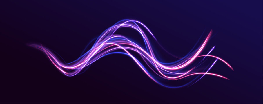 Set Of Neon Blurry Light Circles At Motion.  Glitter Sparkle Star Trail, Light Effect, Abstract Waves Flow Vector Illustration. 