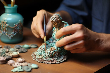 Closeup of turquoise clay figures in young female artist hands - obrazy, fototapety, plakaty