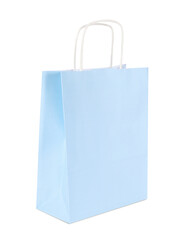 One light blue paper shopping bag on white background