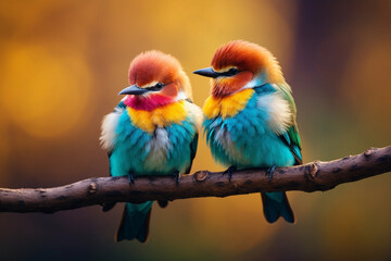 Obraz premium Couple of colorful bird, sitting together on branch in sunset