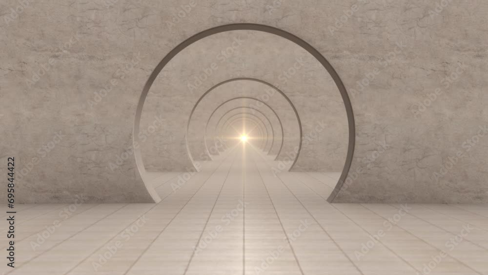 Poster looping forward movement in an infinite white modern tunnel with round arches. 3d animation. corrido