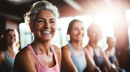 Group of smiling middle-aged women ready to start a gym class - Powered by Adobe