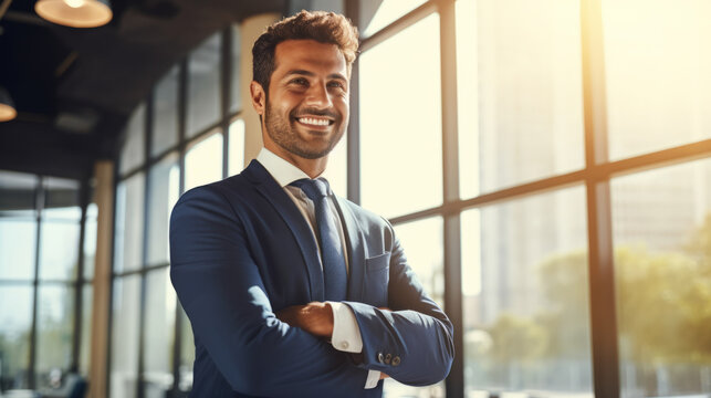 Confident Middle-Eastern businessman in a suit standing in an office