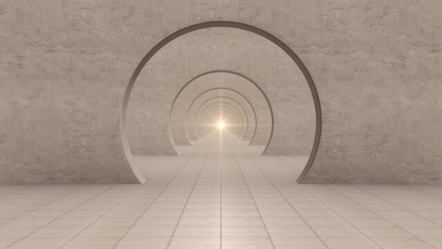 Looping Forward Movement in an Infinite White Modern Tunnel with Round Arches. 3D Animation. Corridor of Concrete arches with bright light at the end, endless tunnel, architectural animation in beige