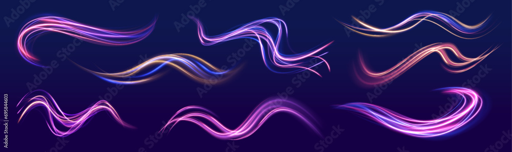 Poster A large set of low-poly designs made of thin lines in the form of branches, spirals and arcs. High speed effect motion blur night lights blue and red. Vector swirl trail effect. 