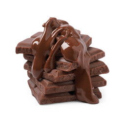 Pieces of milk chocolate with tasty paste isolated on white