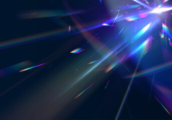 Crystal light leak effect for photo overlay. Ethereal Lens rainbow light streak transparent effect. Vector illustration. Iridescent crystal leak glare reflection effect.  - obrazy, fototapety, plakaty