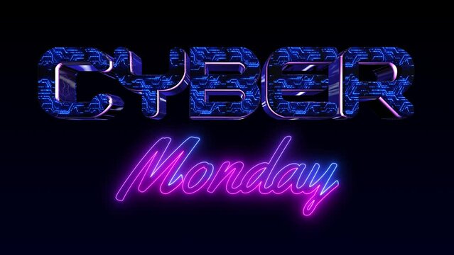 Cyber monday, business promotion, mega sale, hot deal shopping and discount loop concept. Futuristic abstract 3d rendering blue letters loopable and seamless animation. Neon logo fro cyber monday day
