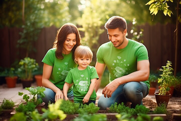 family, father mother and son. They are engaged in planting plants and vegetables in the garden; plants, pots with plants, and beds are planted in the flowerbed. Soft sunlight, blur.