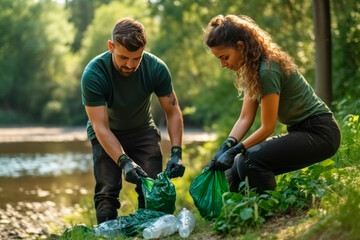 Nature cleaning. A married couple, a man and a woman of friends with garbage bags in their hands, collect garbage near a pond. Soft sunlight, blur.