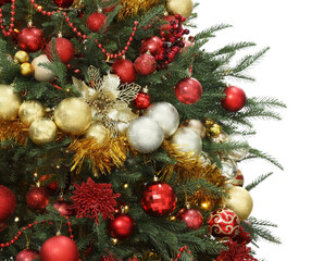 Beautiful Christmas tree decorated with ornaments and garland isolated on white