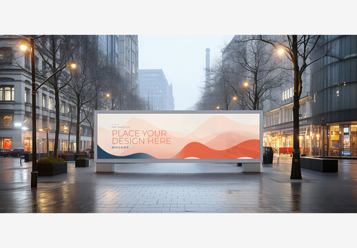 City Street Billboard Mockup Template - Stunning Night View of Empty Road with White Billboard and Trees, No Traffic Or People