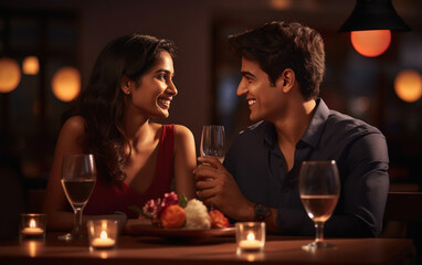 Young indian couple enjoys romantic dinner at restaurant - obrazy, fototapety, plakaty