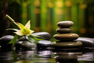 Fototapeta na wymiar Relaxing wellness background with stones and bamboo waterfall background. Generative AI