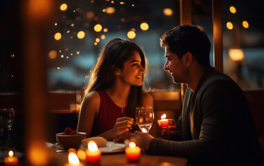 Young indian couple enjoys romantic dinner at restaurant - Powered by Adobe