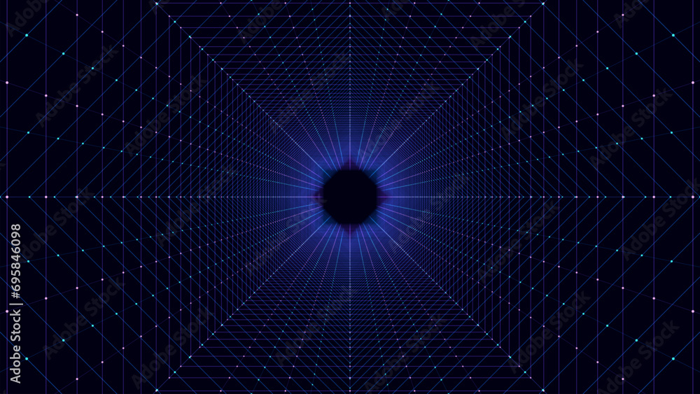 Poster abstract wireframe tunnel. vector wormhole. 3d portal grid. futuristic fantasy funnel.