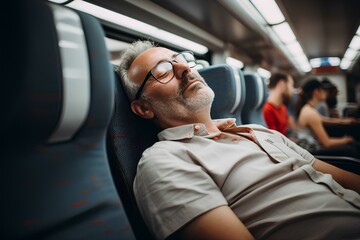 a middle-aged man who fell asleep leaning on a chair on a train trip. generative AI