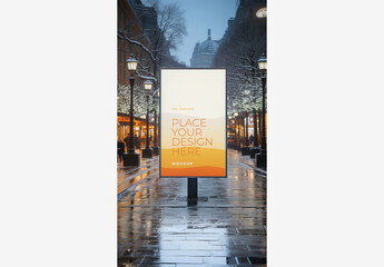 City Street Billboard Mockup Template with People Walking, Buildings, and Lights at Night