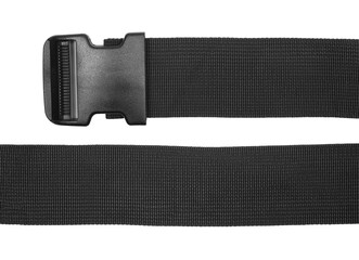 Black synthetic nylon fastening belt, strap isolated on white, top view