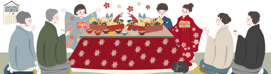 家族でお正月を過ごす日本人の暮らしの風景（バナー用）