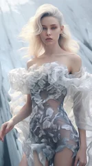 Tuinposter houte couture dress in crystal and animal patterns on a glacier © medienvirus