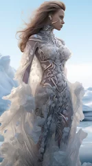 Foto auf Leinwand houte couture dress in crystal and animal patterns on a glacier © medienvirus